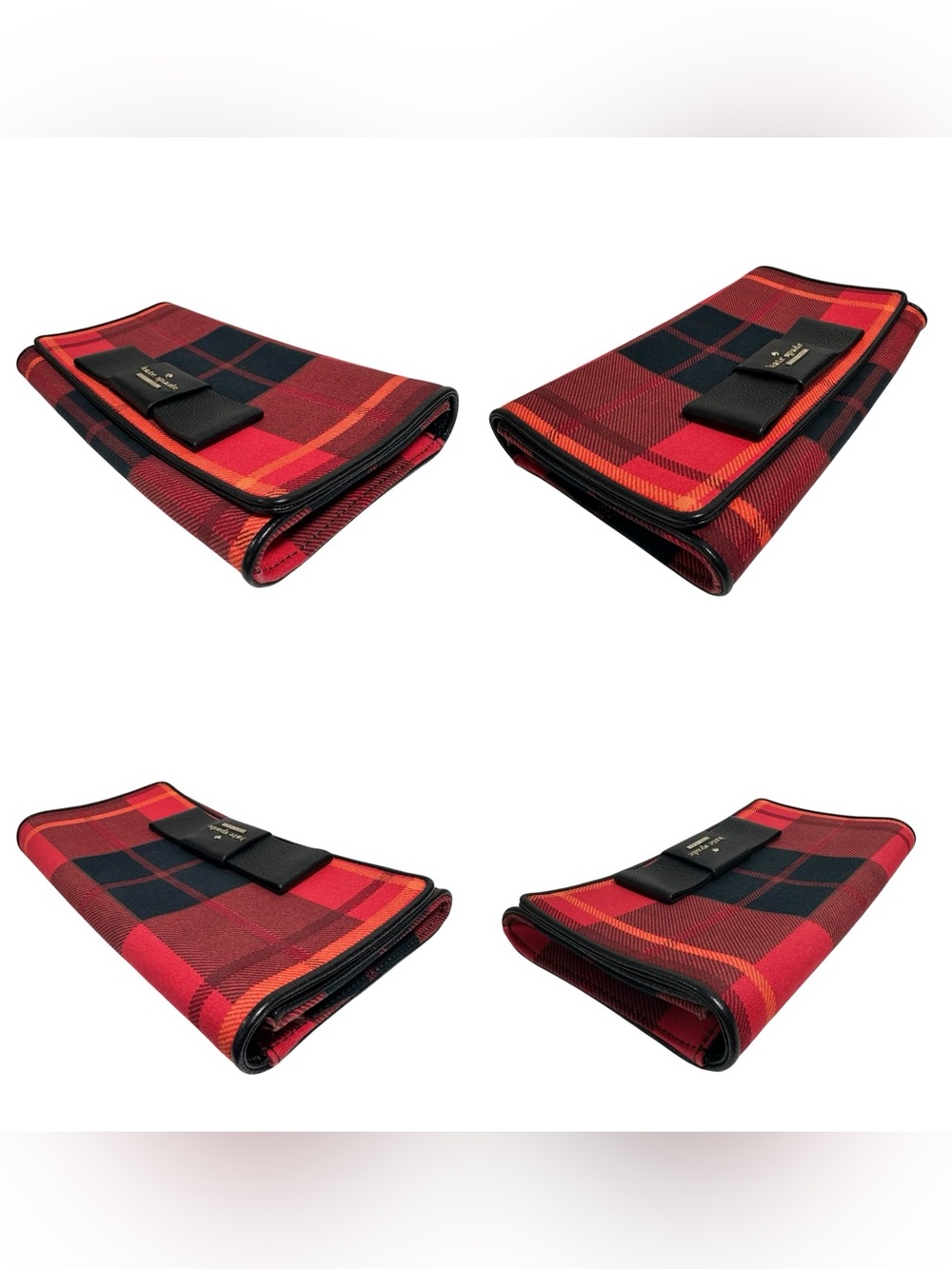 Kate Spade Red Plaid Canvas & Black Leather Bow Flap Clutch Mini Bag on Chain - Picture 5 of 14
